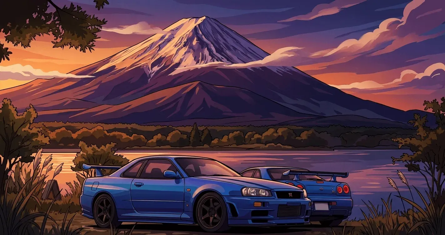 Two blue Nissan Skyline R34 GT-Rs by Mount Fuji, anime cel-shaded style, wide format