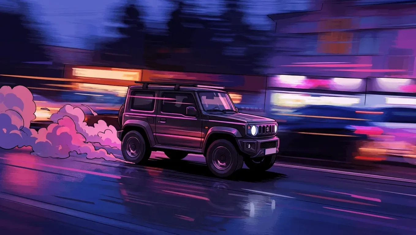 An amine stylised graphic of a Suzuki Jimny with smoke coming from the rear wheels, speeding through a night time scence
